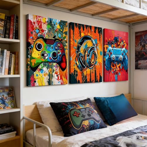 Xiyocadt 3 Stück Gaming Poster, Gaming Wanddekoration, Teile Bunte Graffiti Wandbilder – Controller & Headset Motiv für Jungen Schlafzimmer & Esports Gamer Raum, Ungerahmt (50 x 70 cm) Bild 1