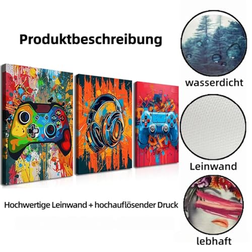 Xiyocadt 3 Stück Gaming Poster, Gaming Wanddekoration, Teile Bunte Graffiti Wandbilder – Controller & Headset Motiv für Jungen Schlafzimmer & Esports Gamer Raum, Ungerahmt (50 x 70 cm) Bild 2