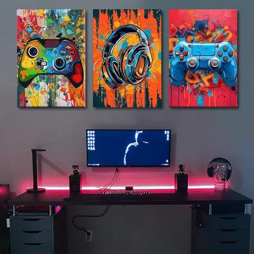 Xiyocadt 3 Stück Gaming Poster, Gaming Wanddekoration, Teile Bunte Graffiti Wandbilder – Controller & Headset Motiv für Jungen Schlafzimmer & Esports Gamer Raum, Ungerahmt (50 x 70 cm) Bild 3