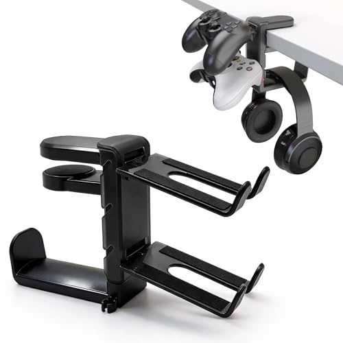 3-in-1-Gaming-Headset-Ständer mit Controller-Halterungen, zum Anklemmen unter dem Schreibtisch, drehbarer Kopfhörer-Aufhänger, verstellbarer PC-Schreibtisch-Kopfhörer-Halter mit Kabel-Organizer Bild 1