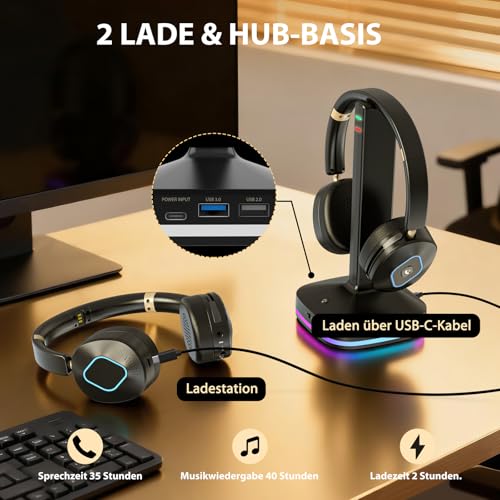 Earbay Kabelloses Headset mit Mikrofon für die Arbeit, V6.0 Bluetooth-Headset mit Geräuschunterdrückung und Stummschaltung, kabellose Kopfhörer mit RGB-Ladestation, Zuhause/Büro/PC/Callcenter/Laptop Bild 3
