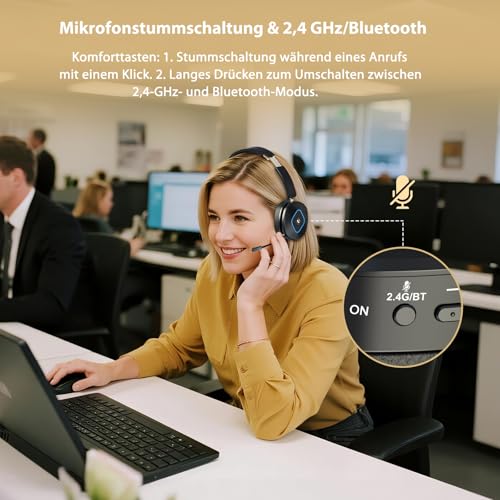 Earbay Kabelloses Headset mit Mikrofon für die Arbeit, V6.0 Bluetooth-Headset mit Geräuschunterdrückung und Stummschaltung, kabellose Kopfhörer mit RGB-Ladestation, Zuhause/Büro/PC/Callcenter/Laptop Bild 4