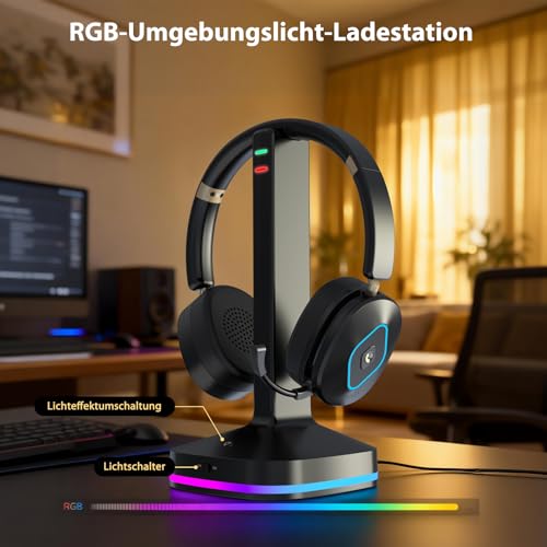 Earbay Kabelloses Headset mit Mikrofon für die Arbeit, V6.0 Bluetooth-Headset mit Geräuschunterdrückung und Stummschaltung, kabellose Kopfhörer mit RGB-Ladestation, Zuhause/Büro/PC/Callcenter/Laptop Bild 7