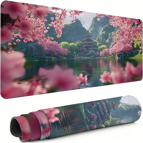 Gaming Mauspad XXL 1600x800x3mm Kirschblüten Mousepad, Große Speed rutschfeste Schreibtischunterlage Landschaft Verbessert Präzision und Geschwindigkeit mit Stoßdämpfung für Tastatur und Maus xg-209 Bild 1