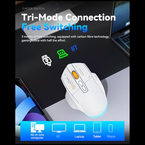 Jectse Gaming-Maus, 12800 DPI, 3-Modus-Konnektivität, Ergonomisches Design mit 7 Programmierbaren Tasten und RGB-Beleuchtung, für Wettbewerbsfähiges Gaming und den Professionellen (White) Bild 4