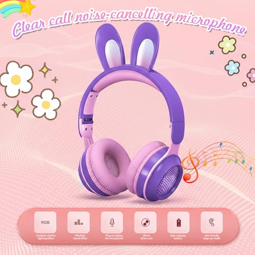 OHAANYY Bluetooth Kopfhörer Kinder, Kabellose Katzenohren Kopfhörer mit LED Licht – Over Ear Kinderkopfhörer für Mädchen mit Mikrofon, 85dB Lautstärkebegrenzung für iPad/Tablet/Schule Bild 2