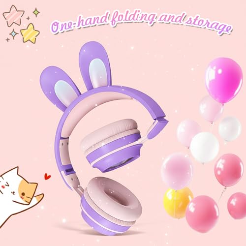 OHAANYY Bluetooth Kopfhörer Kinder, Kabellose Katzenohren Kopfhörer mit LED Licht – Over Ear Kinderkopfhörer für Mädchen mit Mikrofon, 85dB Lautstärkebegrenzung für iPad/Tablet/Schule Bild 3