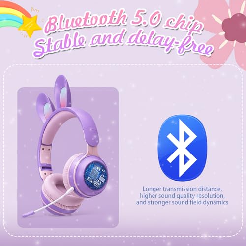 OHAANYY Bluetooth Kopfhörer Kinder, Kabellose Katzenohren Kopfhörer mit LED Licht – Over Ear Kinderkopfhörer für Mädchen mit Mikrofon, 85dB Lautstärkebegrenzung für iPad/Tablet/Schule Bild 5