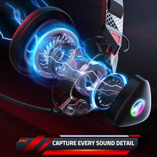 PH3 Wireless Gaming Headset für PS5, PS4, Switch, PC, Mac, Bluetooth Kopfhörer mit Abnehmbarem Mikrofon, Leichtes Bluetooth Headset mit RGB Licht, 50 Stunden Akku, Schwarz Rot Bild 3