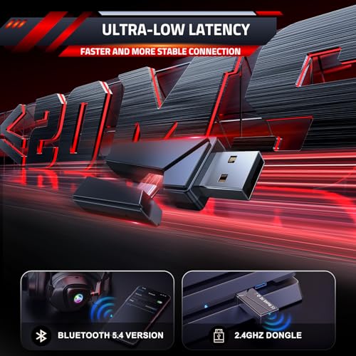 PH3 Wireless Gaming Headset für PS5, PS4, Switch, PC, Mac, Bluetooth Kopfhörer mit Abnehmbarem Mikrofon, Leichtes Bluetooth Headset mit RGB Licht, 50 Stunden Akku, Schwarz Rot Bild 4