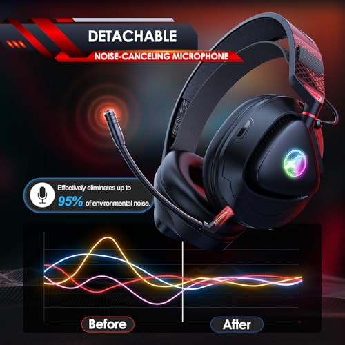 PH3 Wireless Gaming Headset für PS5, PS4, Switch, PC, Mac, Bluetooth Kopfhörer mit Abnehmbarem Mikrofon, Leichtes Bluetooth Headset mit RGB Licht, 50 Stunden Akku, Schwarz Rot Bild 6