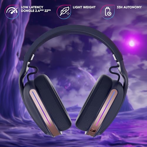 Kabellose Gaming-Headset, kompatibel mit PS5, PS4, Switch, PC, mobil, leicht, LED, geringe Latenz 2,4 GHz oder Bluetooth, Akku 33 Stunden, virtueller Sound, 7.1, Dual-Mikrofon – Polaris (Blau Bild 5
