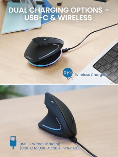 Perixx PERIMICE-713LR – Kabellose, Wiederaufladbare Vertikale Maus für Linkshänder – Duale Ladefunktion (Kabel & Wireless) – 6 Tasten – Linkshänder-Design Bild 4