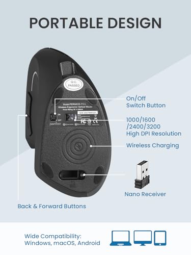 Perixx PERIMICE-713LR – Kabellose, Wiederaufladbare Vertikale Maus für Linkshänder – Duale Ladefunktion (Kabel & Wireless) – 6 Tasten – Linkshänder-Design Bild 6