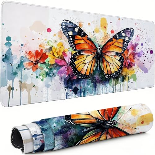 Gaming Mauspad XXL 1600x800x3mm Weiß Mousepad, Große Speed Rutschfeste Schreibtischunterlage Schmetterling Verbessert Präzision und Geschwindigkeit mit Stoßdämpfung für Tastatur Maus Homeoffice xg-305 Bild 1