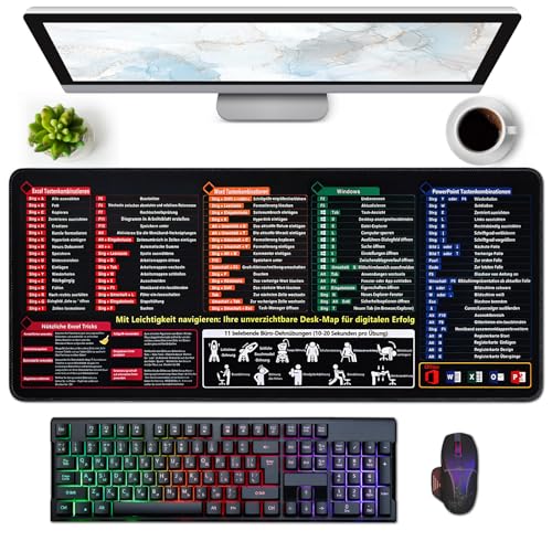Excel Mauspad Großformatige Schreibtischunterlage mit Tastaturkürzeln - 800×300×3mm Excel-Shortcuts Mousepad Deutsch Gaming Mousepad Kurzbefehlen Anti-Rutsch Dest Mat für Büro Word/Outlook/PowerPoint Bild 1