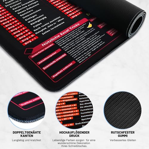 Excel Mauspad Großformatige Schreibtischunterlage mit Tastaturkürzeln - 800×300×3mm Excel-Shortcuts Mousepad Deutsch Gaming Mousepad Kurzbefehlen Anti-Rutsch Dest Mat für Büro Word/Outlook/PowerPoint Bild 2
