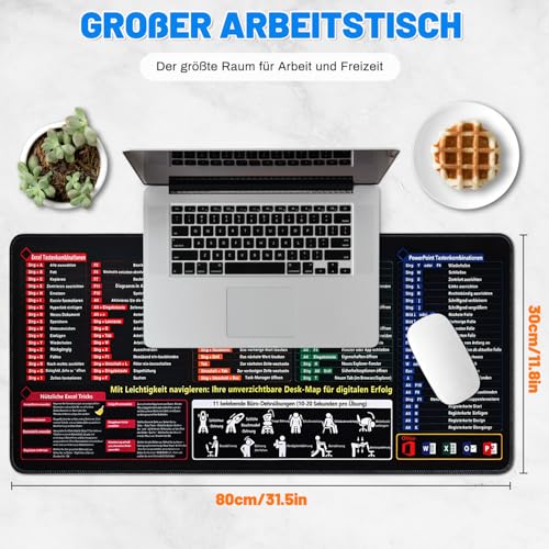 Excel Mauspad Großformatige Schreibtischunterlage mit Tastaturkürzeln - 800×300×3mm Excel-Shortcuts Mousepad Deutsch Gaming Mousepad Kurzbefehlen Anti-Rutsch Dest Mat für Büro Word/Outlook/PowerPoint Bild 3