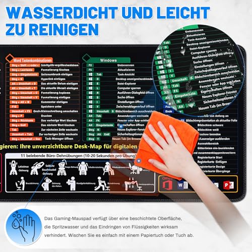 Excel Mauspad Großformatige Schreibtischunterlage mit Tastaturkürzeln - 800×300×3mm Excel-Shortcuts Mousepad Deutsch Gaming Mousepad Kurzbefehlen Anti-Rutsch Dest Mat für Büro Word/Outlook/PowerPoint Bild 5