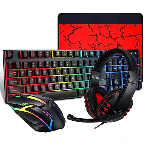 Gaming Tastatur Maus Headset Set mit Mousepad 4 in 1 RGB Gaming Combo Set für PC/PS4/Xbox-Gamer, RGB Beleuchtete Tastatur, 4 Farben LED Gaming Maus, 3,5-mm-Gaming-Kopfhörer Bild 1