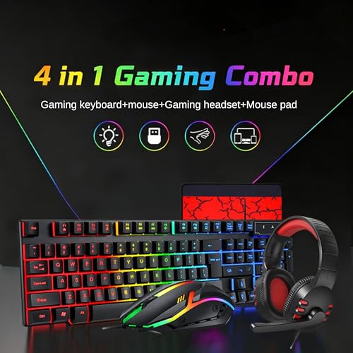 Gaming Tastatur Maus Headset Set mit Mousepad 4 in 1 RGB Gaming Combo Set für PC/PS4/Xbox-Gamer, RGB Beleuchtete Tastatur, 4 Farben LED Gaming Maus, 3,5-mm-Gaming-Kopfhörer Bild 2