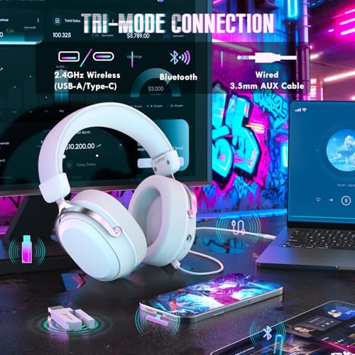 ATTACK SHARK L30PRO Kabelloses Gaming-Headset, 7.1 Surround Sound, EQ-Modi, 50-mm-Treiber, Tri-Modus, 1100-mAh-Akku, Over-Ear-Headset mit Abnehmbarem Noise-Cancelling-Mikrofon für PC - Weiß Bild 2