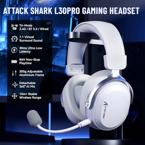 ATTACK SHARK L30PRO Wireless Gaming Headset, 7.1 Surround Sound 50mm Bio-Treiber, 3-Modus 2.4G/BT 5.3/Kabelgebundene Kopfhörer mit Abnehmbarem Mikrofon für PC/PS/Xbox/Switch, 84H Spielzeit-Weiß Bild 2