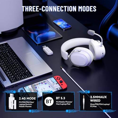 ATTACK SHARK L30PRO Wireless Gaming Headset, 7.1 Surround Sound 50mm Bio-Treiber, 3-Modus 2.4G/BT 5.3/Kabelgebundene Kopfhörer mit Abnehmbarem Mikrofon für PC/PS/Xbox/Switch, 84H Spielzeit-Weiß Bild 3
