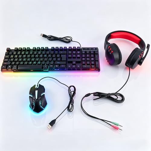 Gaming Tastatur und Maus Set mit Headset, Gaming-Kombination, 104-Tasten-Tastatur mit 4 Farben LED Gaming Maus, Over-Ear Kopfhörer und rutschfestes Mauspad USB Kabelgebundene für PC Gamer Bild 1