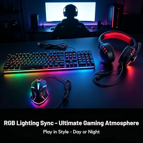Gaming Tastatur und Maus Set mit Headset, Gaming-Kombination, 104-Tasten-Tastatur mit 4 Farben LED Gaming Maus, Over-Ear Kopfhörer und rutschfestes Mauspad USB Kabelgebundene für PC Gamer Bild 2