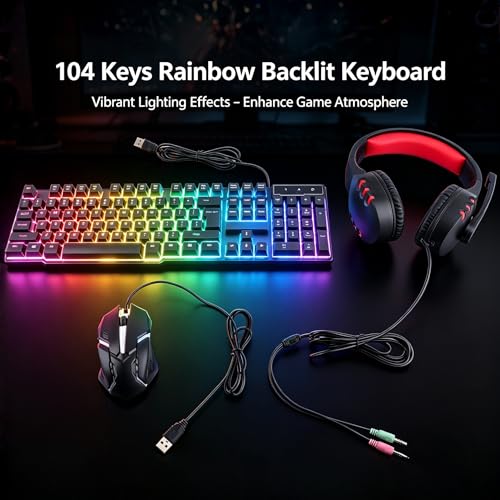 Gaming Tastatur und Maus Set mit Headset, Gaming-Kombination, 104-Tasten-Tastatur mit 4 Farben LED Gaming Maus, Over-Ear Kopfhörer und rutschfestes Mauspad USB Kabelgebundene für PC Gamer Bild 3