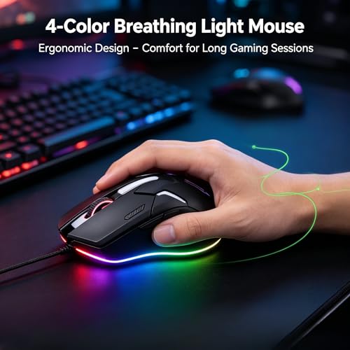 Gaming Tastatur und Maus Set mit Headset, Gaming-Kombination, 104-Tasten-Tastatur mit 4 Farben LED Gaming Maus, Over-Ear Kopfhörer und rutschfestes Mauspad USB Kabelgebundene für PC Gamer Bild 4