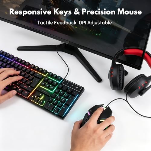 Gaming Tastatur und Maus Set mit Headset, Gaming-Kombination, 104-Tasten-Tastatur mit 4 Farben LED Gaming Maus, Over-Ear Kopfhörer und rutschfestes Mauspad USB Kabelgebundene für PC Gamer Bild 6