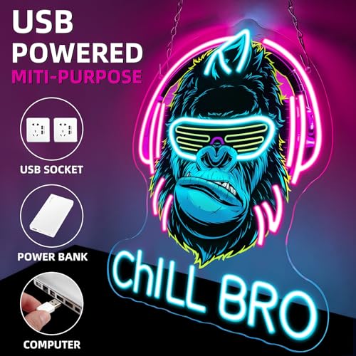 Chill Bro Gaming Headset Neon Schild Für Wanddekoration,Gorilla Neon Schild,Gaming Zone LED Schilder Für Spielzimmer,Gaming Zubehör Deko,Gaming Dekor,Tolles Gamer Geschenk Für Teenager,Jungen Bild 2