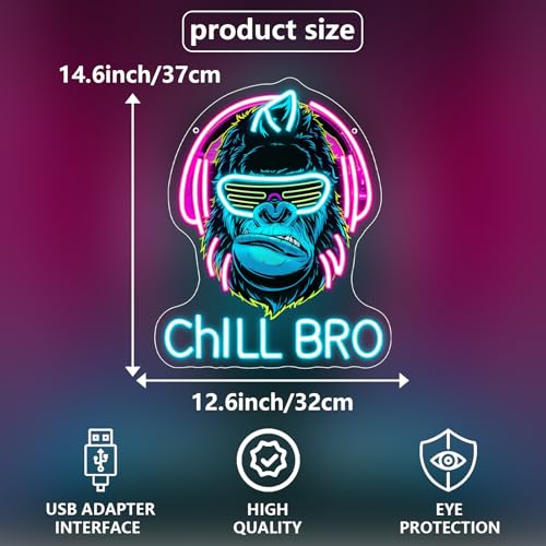 Chill Bro Gaming Headset Neon Schild Für Wanddekoration,Gorilla Neon Schild,Gaming Zone LED Schilder Für Spielzimmer,Gaming Zubehör Deko,Gaming Dekor,Tolles Gamer Geschenk Für Teenager,Jungen Bild 3