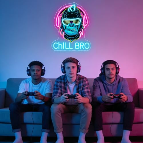 Chill Bro Gaming Headset Neon Schild Für Wanddekoration,Gorilla Neon Schild,Gaming Zone LED Schilder Für Spielzimmer,Gaming Zubehör Deko,Gaming Dekor,Tolles Gamer Geschenk Für Teenager,Jungen Bild 7