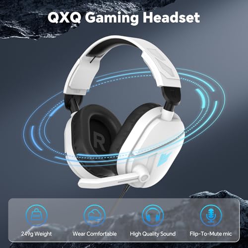 QXQ Wired Gaming Headset für PS5/PS4/PC/Switch, 3,5mm Over-Ear Kopfhörer mit Noise-Canceling-Mic, RGB Light, Deep Bass Stereo Surround Sound, Soft Memory Foam Ohrpolster, All-Day Comfort, Dunkles Weiß Bild 3