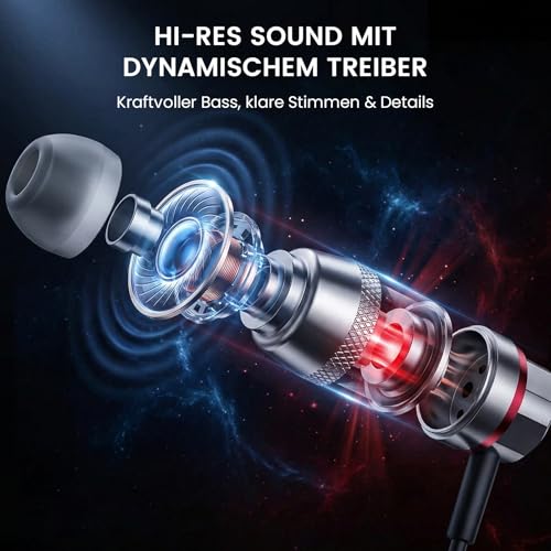 HIFI WALKER HiFi In-Ear Kopfhörer mit Mikrofon, 3,5 mm Kabelkopfhörer mit In-Line-Steuerung, 9,2 mm Dynamiktreiber, Aluminium-Gehäuse für Smartphone, Laptop, PC und Tablet Bild 3
