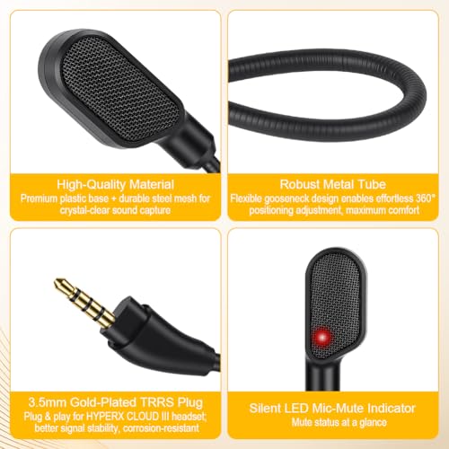 HOTUT Ersatz-Mikrofon Mic kompatibel mit HyperX Cloud III kabelgebundenen & kabellosen Headsets, Mic Ersatz abnehmbar 3.5 mm Game Boom Geräuschunterdrückung Mikrofon mit LED Stummschaltungsanzeige Bild 3
