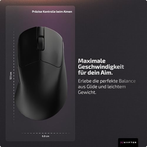 Nyfter Nyf 25 Wireless Gaming Maus – 26.000 DPI PAW3395 Sensor, 50g Ultra-Leicht, Dual Mode, 1000Hz, Huano 80M Switches – Ergonomisch für Palm/Claw/Fingertip (Rechtshänder) (Schwarz) Bild 3