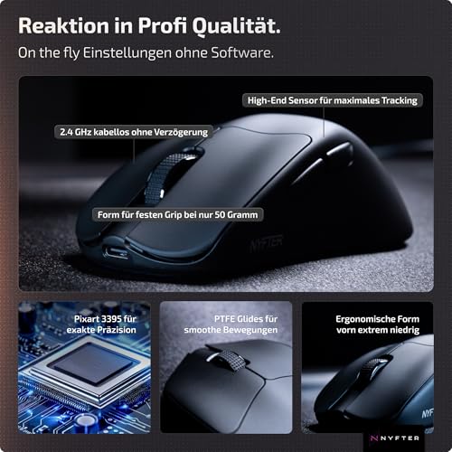 Nyfter Nyf 25 Wireless Gaming Maus – 26.000 DPI PAW3395 Sensor, 50g Ultra-Leicht, Dual Mode, 1000Hz, Huano 80M Switches – Ergonomisch für Palm/Claw/Fingertip (Rechtshänder) (Schwarz) Bild 4