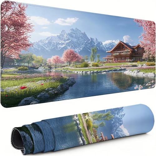 Gaming Mauspad XXL 1600x800x3mm Kirschblüten Mousepad, Große Speed rutschfeste Schreibtischunterlage Landschaft Verbessert Präzision und Geschwindigkeit mit Stoßdämpfung für Tastatur und Maus xg-395 Bild 1