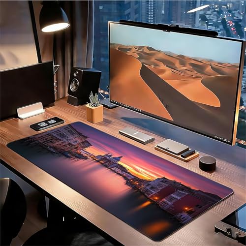 Gaming Mauspad XXL 1600x800x3mm Wasserstadt Mousepad, Große Speed rutschfeste Schreibtischunterlage Architektur Verbessert Präzision und Geschwindigkeit mit Stoßdämpfung für Tastatur und Maus xg-407 Bild 3