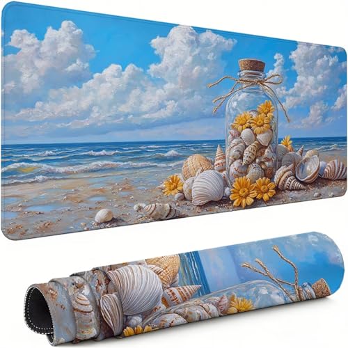 Gaming Mauspad XXL 1600x800x3mm Strand Mousepad, Große Speed Rutschfeste Schreibtischunterlage Muschel Verbessert Präzision und Geschwindigkeit mit Stoßdämpfung für Tastatur und Maus Homeoffice xg-401 Bild 1