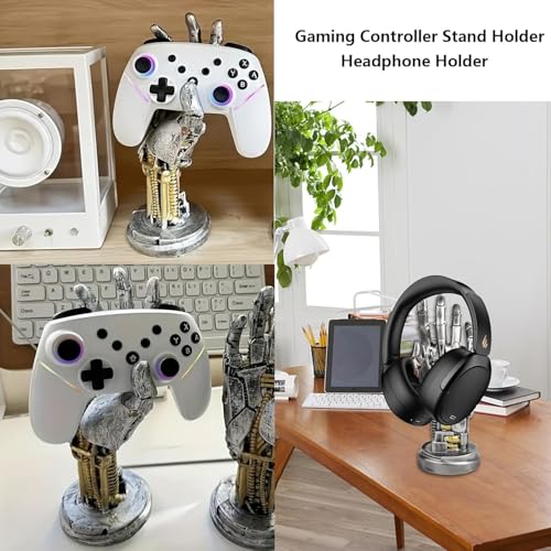 Cyberpunk Kopfhörerstände, Gaming Headset Halterung und Controller Ständer, Futuristisches Harzdesign in Metalloptik, Gamer Zubehör für Schreibtischorganisation Bild 3