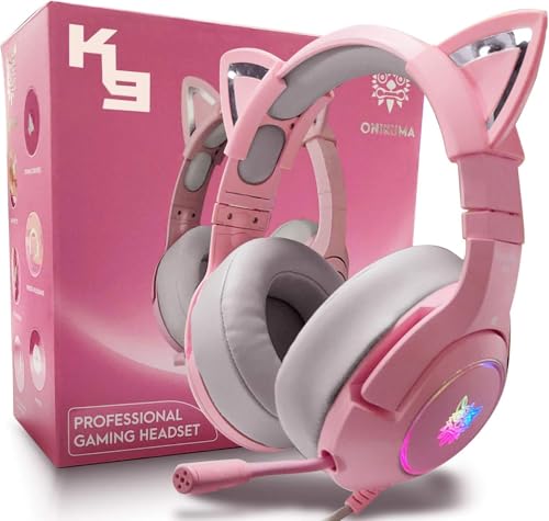 OHAANYY Gaming Headset für PS4,PS5,PC,Xbox One,Gamer Kopfhörer 7.1 Surround Sound Einstellbares Mikrofon,Kabelgebundenes Gaming Esport Headphones Katzenohr mit RGB LED Lichter (pink) Bild 1