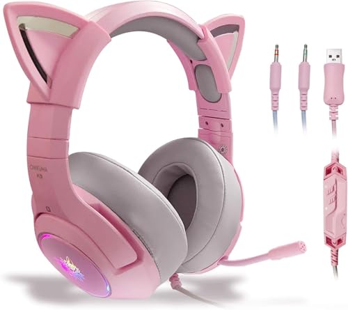 OHAANYY Gaming Headset für PS4,PS5,PC,Xbox One,Gamer Kopfhörer 7.1 Surround Sound Einstellbares Mikrofon,Kabelgebundenes Gaming Esport Headphones Katzenohr mit RGB LED Lichter (pink) Bild 2
