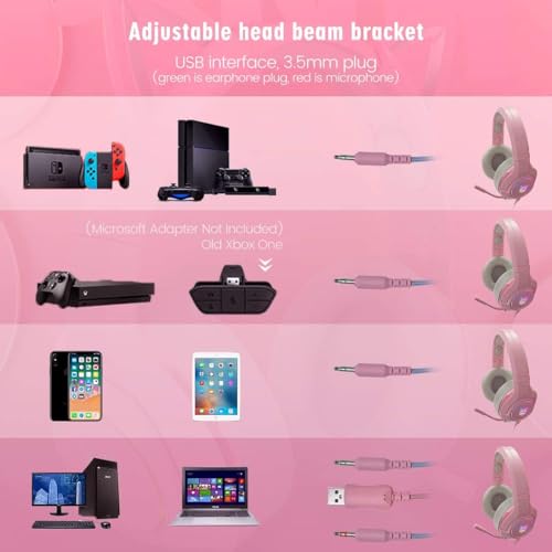 OHAANYY Gaming Headset für PS4,PS5,PC,Xbox One,Gamer Kopfhörer 7.1 Surround Sound Einstellbares Mikrofon,Kabelgebundenes Gaming Esport Headphones Katzenohr mit RGB LED Lichter (pink) Bild 3