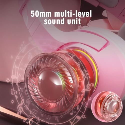 OHAANYY Gaming Headset für PS4,PS5,PC,Xbox One,Gamer Kopfhörer 7.1 Surround Sound Einstellbares Mikrofon,Kabelgebundenes Gaming Esport Headphones Katzenohr mit RGB LED Lichter (pink) Bild 4