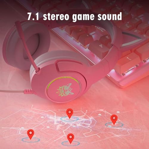 OHAANYY Gaming Headset für PS4,PS5,PC,Xbox One,Gamer Kopfhörer 7.1 Surround Sound Einstellbares Mikrofon,Kabelgebundenes Gaming Esport Headphones Katzenohr mit RGB LED Lichter (pink) Bild 5